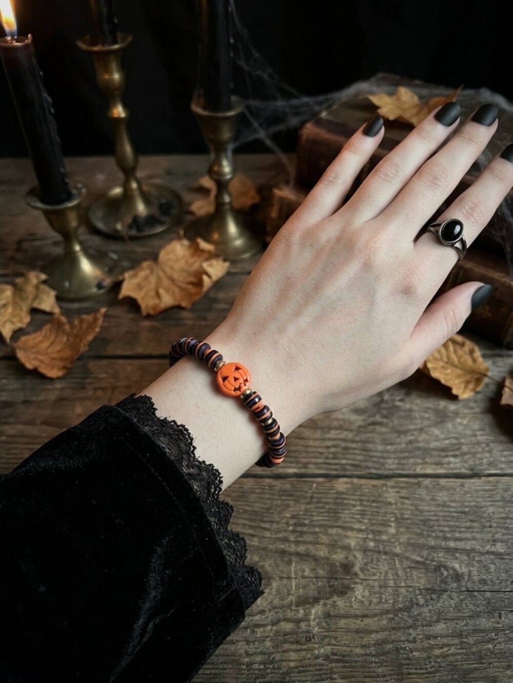 Designs by Forte Halloween Pumpkin Stretch Bracelet Spooky Boho